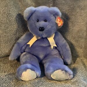 Ty Blue Plush Bear with White Ribbon
